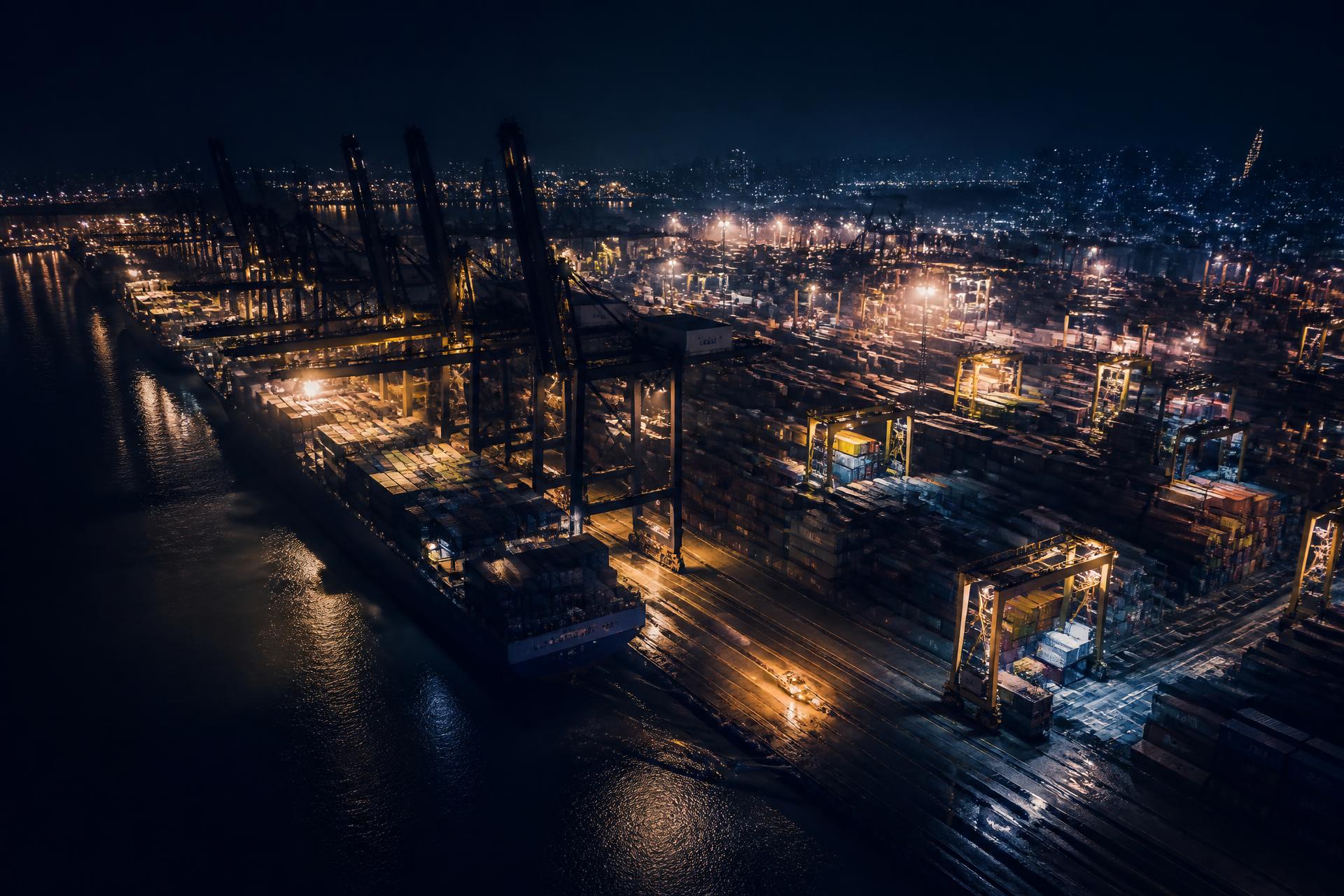 Aerial view of a shipping container port at night with cranes and dramatic lighting